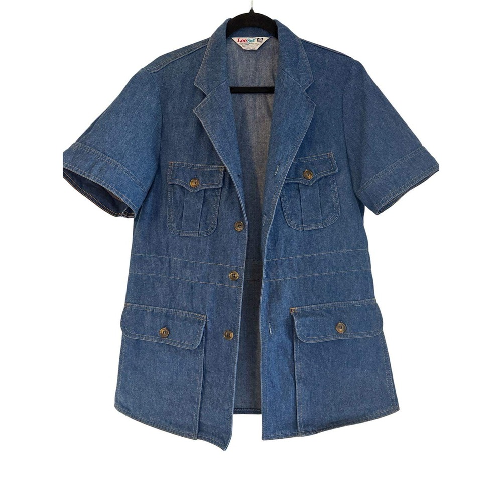 Vtg 70s‎ LEE LEE SET Denim Safari Bush Jacket Short Sleeve Blue Cotton USA Men M